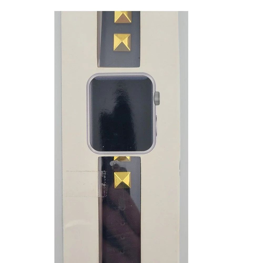 Posh Tech Black Leather Studded Apple Watch Band 38/40mm Gold Pyramid Studs NEW